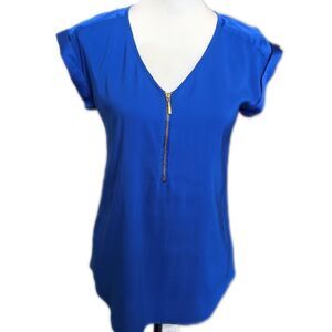 Express bright blue short sleeve v-neck quarter zip silky polyester blouse XS